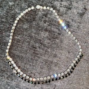 VINTAGE JET BLACK CLEAR RHINESTONE CHOKER NECKLACE DOUBLE ROW HIDDEN CLASP